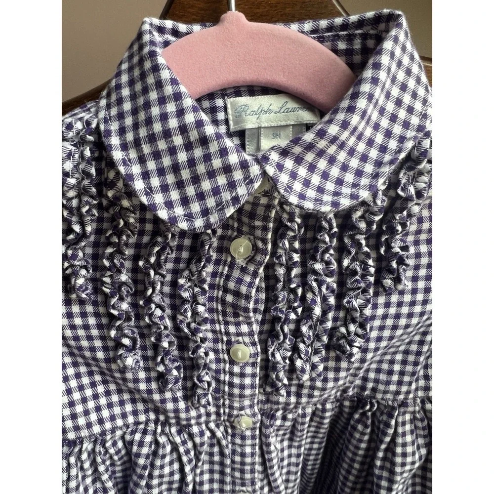 Ralph Lauren Baby Girls Purple Gingham Print Dress W/ Bloomers Size 9‎ Months